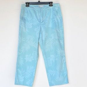 DANA BUCHMAN Size 12 Hawaiian Leaf Print Cropped Capri Pants Cotton Stretch Blue